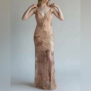 Hello Molly Gold Sequin Nude Maxi Dress